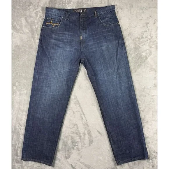 LRG Lifted Research Group Mens 42X32 Denim Blue Jeans Embroidered Cross